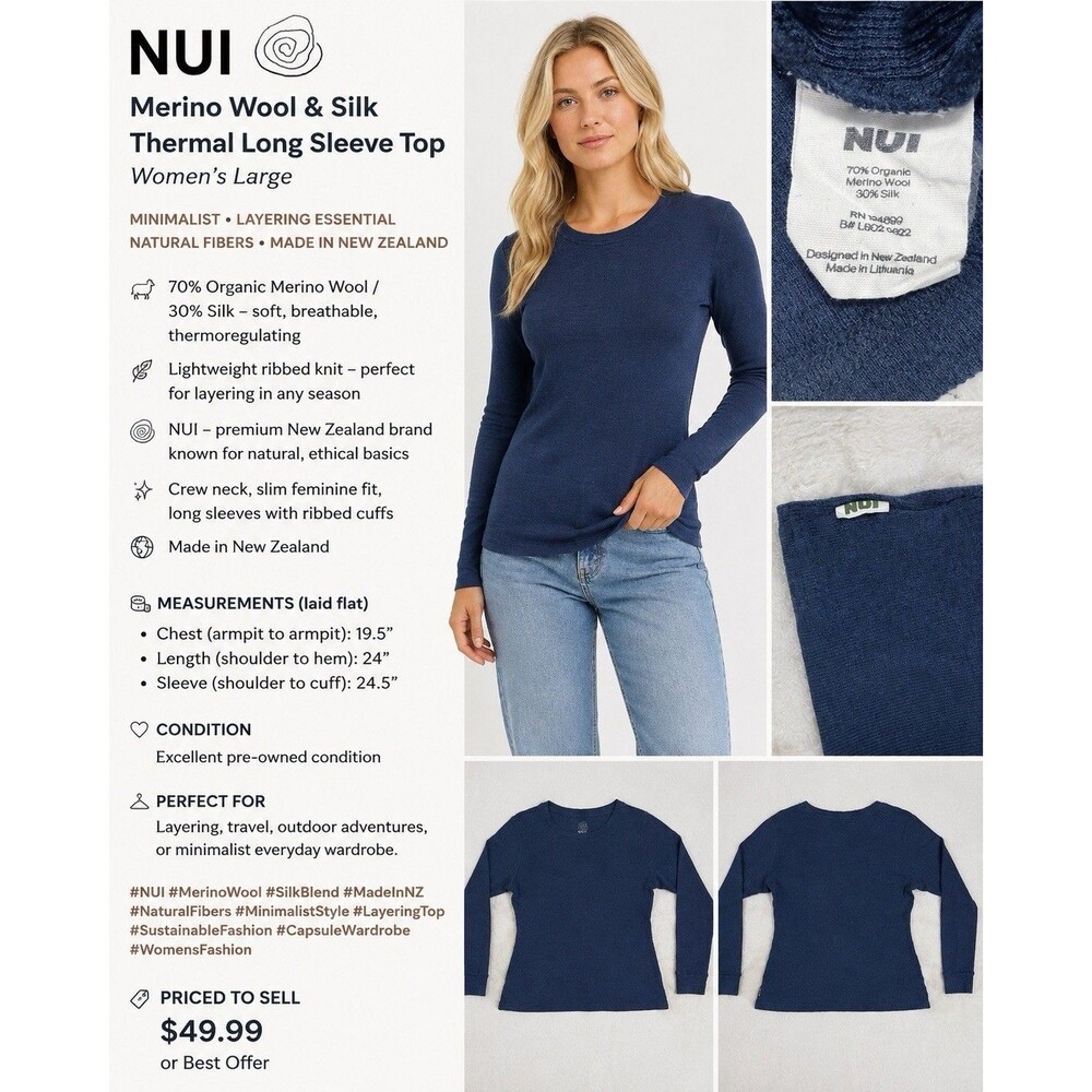 NUI Organics W L Merino Silk Thermal Base Layer Navy Quiet Luxury
